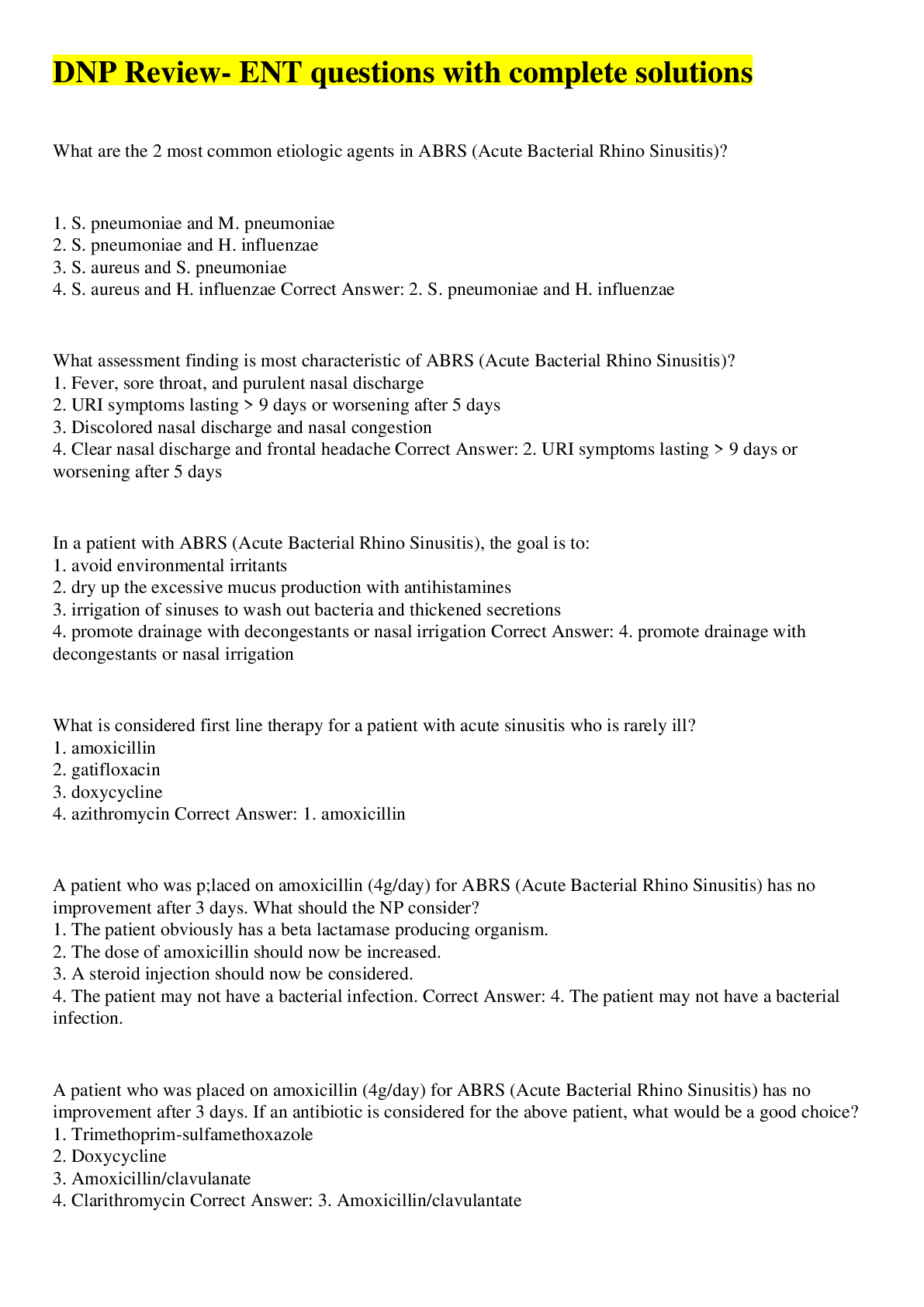 Preview image for DNP Review- ENT questions with complete solutions